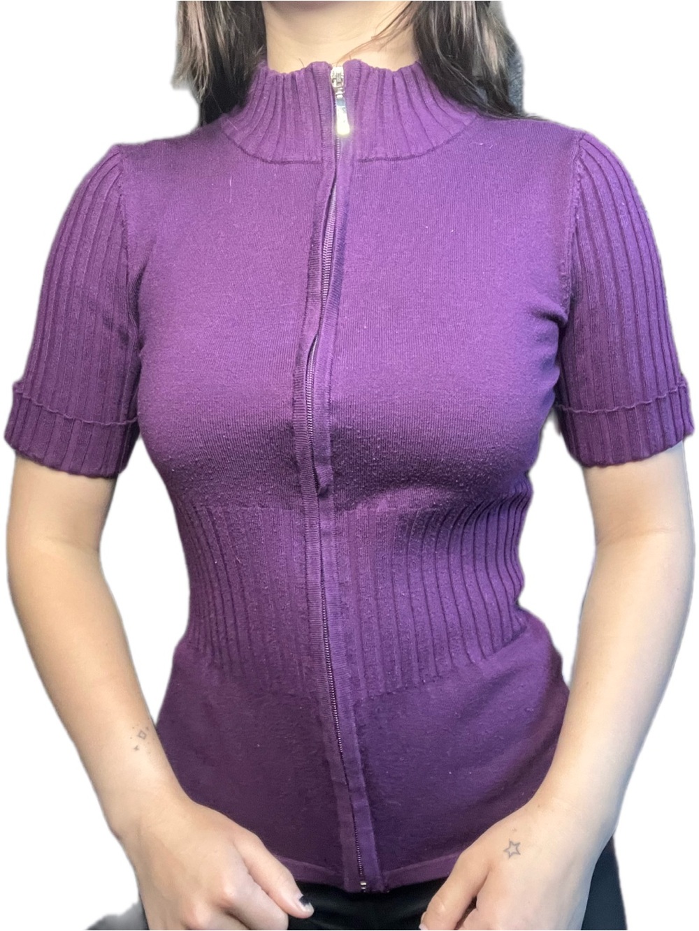 Bellini Deep Plum Zip-Front Short Sleeve Cardigan